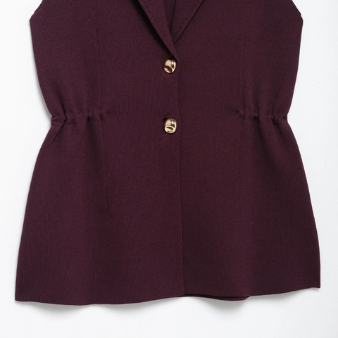 Women Knit Vest Gilet Sleeveless Suit Lapel Collar Waist Cinching Gold Buttons Elegant Solid Color Top