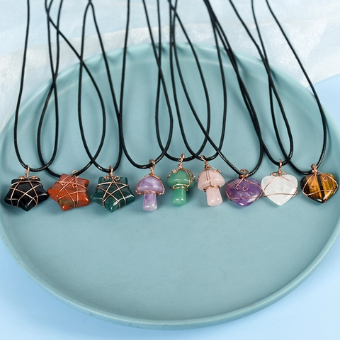 Natural Crystal Gemstone Pendant Necklace Handmade Wire Wrapped Healing Stone Star Heart Mushroom Shape Bohemian Jewelry