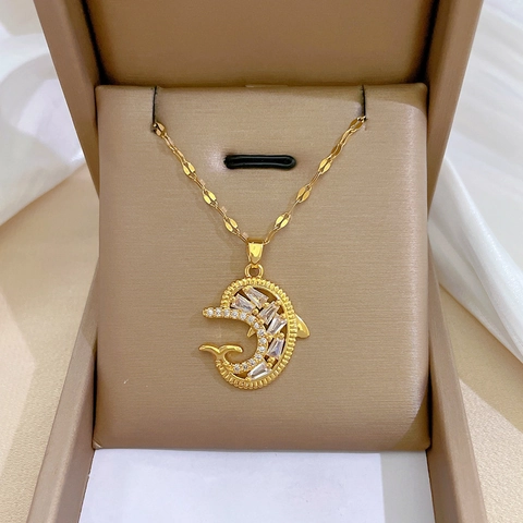 Delphin Zirkon Halskette Für Damen Vergoldet Edelstahl Kette Und Kupfer Anhänger Schmuck