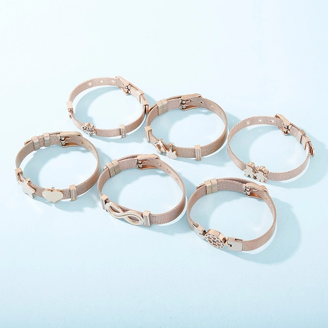 Netz Armband Im Uhrenstil Roségold Vergoldet Edelstahl Zirkonia Herz Krone Anhänger Verstellbar Schmuck Für Damen