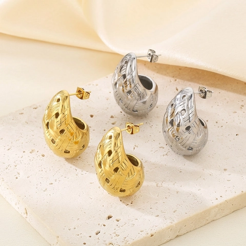 Pendientes De Botón Gota De Agua Acero Inoxidable Tejido Hueco Texturizado Retro Francés Joyería De Moda Mujer