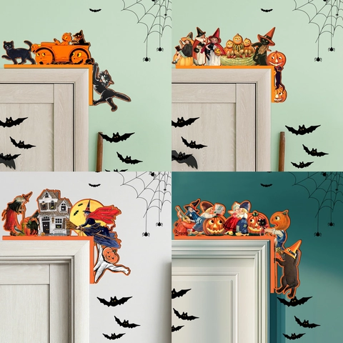 Décoration De Coin De Porte Halloween Vintage En Bois Motif Chauve-souris Chat Citrouille Sorcière Ornement De Fête