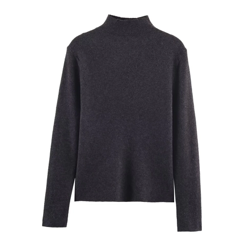 Pull Femme à Col Montant et Manches Longues en Tricot à Côtes Coupe Ajustée Couleur Unie en Polyester pour Automne Hiver