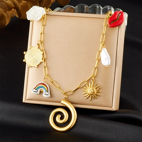 Multi Charm Pendant Necklace 304 Stainless Steel Sun Rainbow Red Lips White Flower Artificial Pearl Chic Style Jewelry For Women