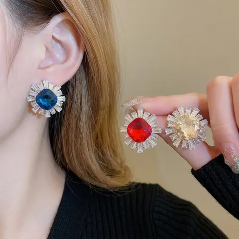 Sunflower Stud Earrings With Silver Earring Post Copper Zircon Baguette Cut Retro Court Style Exquisite For Women Elegant