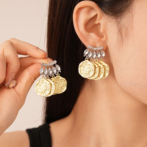 Bohemian Drop Earrings With Silver Earring Post Alloy Rhinestone Irregular Round Textured Metal Disc Vintage Geometric For Women