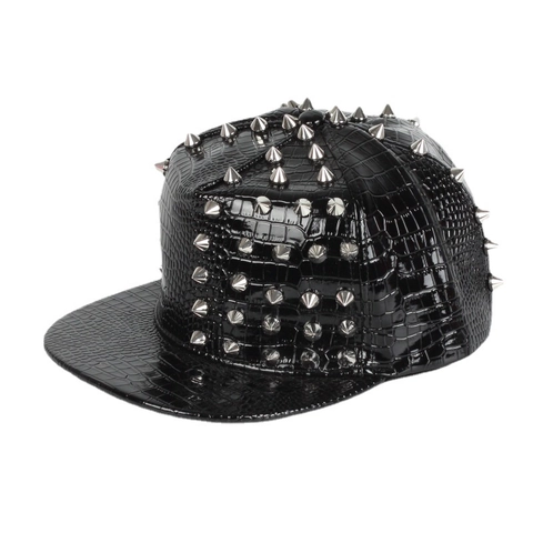 Punk Baseballkappe Krokodilmuster PU Leder Metallspitzen Snapback Flache Krempe Hip Hop Streetwear Unisex Verstellbar