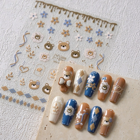 3D Relief Nail Art Stickers Cute Bear Flower Pattern Embossed Manicure Decals DIY Decoration For Women Girls