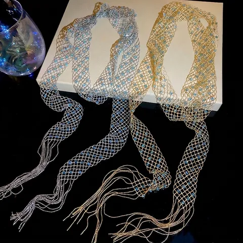 Collana Lunga In Rame A Maglia Perle Di Cristallo Blu Griglia Cava Nappina Catena Per Maglione Per Donna Gioielli Eleganti