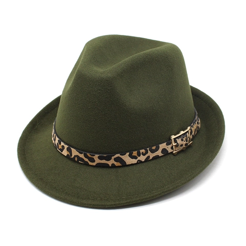 Vintage Wollen Fedora Hoed Voor Dames Heren Luipaardprint Band Metalen Gesp Jazz Cap Brede Rand Herfst Winter Warme Hoed