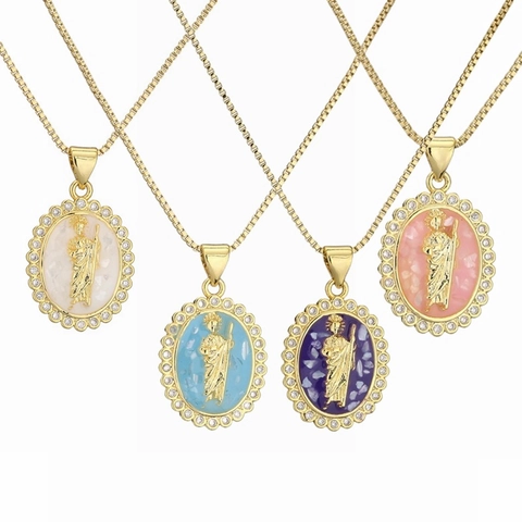 Religious Saint Figure Pendant Necklace Gold Plated Copper With Zircon Oval Mother Of Artificial Pearl Enamel Medallion
