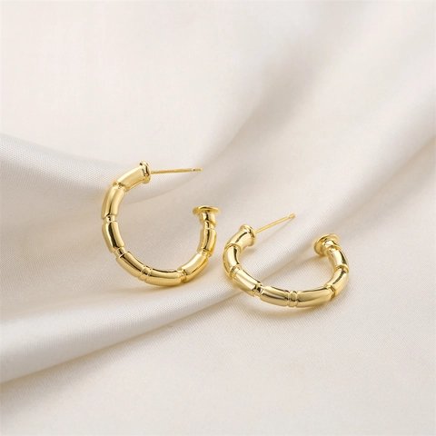 Orecchini A Cerchio Minimalisti In Bambù Forma A C Geometrica Rame Placcato Oro 14K Con Perno In Argento Sterling 925
