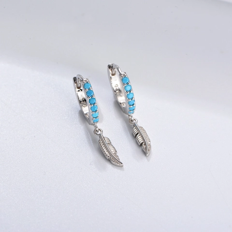 925 Sterling Silver Turquoise Feather Hoop Earrings Boho Vintage Huggie Earrings For Women Western Style Jewelry Gift