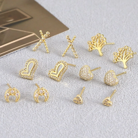 Gold Plated Copper Zircon Stud Earrings Heart Tree Of Life Moon Leaf Geometric Dainty Fashion Jewelry For Women