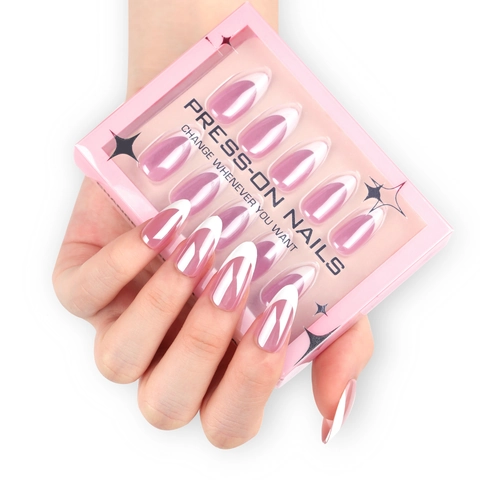 French Tip Press On Nails Almond Shape Pink White Minimalist Elegant Glossy Reusable Plastic False Finger Nails For Women