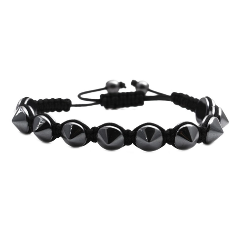 Hematiet Kralen Armband Verstelbaar Geweven Koord Punk Rock Spikes Vierkante Zeshoekige Kralen Heren Unisex Sieraden