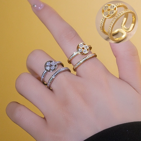 Elegant Clover Double Layer Ring For Women Copper Cubic Zirconia Pave Open Adjustable Light Luxury Style Jewelry