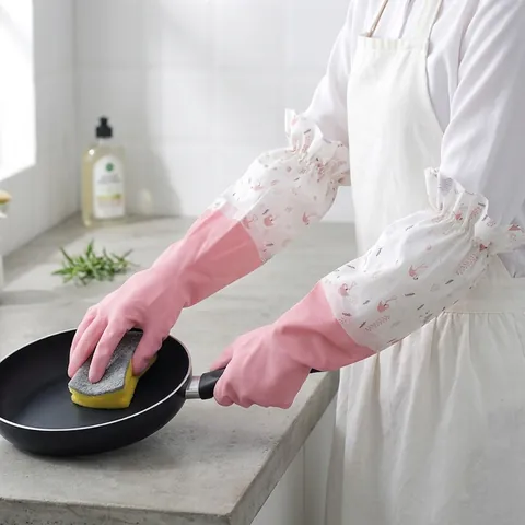 Long Sleeve Waterproof Household Cleaning Gloves Fleece Lined PVC Dishwashing Kitchen Bathroom Nordic Printed Pattern For Women