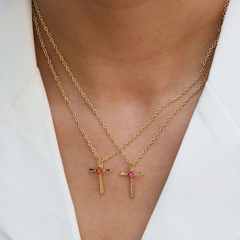 Cross Pendant Necklace Brass 18K Gold Plated Birthstone Cubic Zirconia Religious Fashion Jewelry For Women