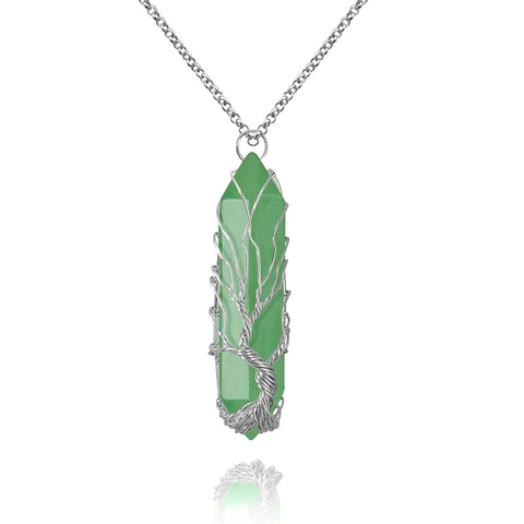 Tree Of Life Hexagonal Pillar Pendant Necklace Natural Crystal Gemstone Handmade Wire Wrapped Healing Yoga Jewelry