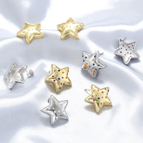 Elegant Copper Star Shape Zirconia Stud Earrings For Women Hollow Pentagram Inlaid Zirconia Gold Silver Color Earrings Jewelry