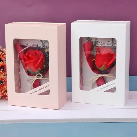 Soap Rose Flower Bouquet With Greeting Card And Window Gift Box For Valentine Birthday Mothers Day Romantic Gift