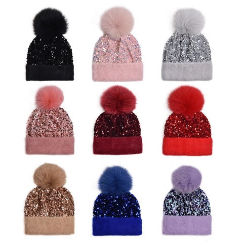 Damen Strickmütze Mit Pailletten Verzierung Und Kunstpelz Bommel Verdickte Warme Winter Outdoor Kaltwetter Mütze