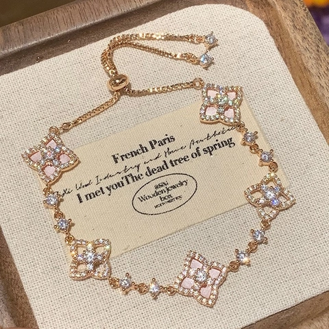 Elegant Four Leaf Clover Flower Bracelet With Zircon And Mother Of Artificial Pearl Adjustable Slider Copper Jewelry For Women