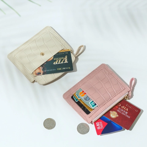 Mini Wallet Card Holder Crocodile Pattern PU Leather Zipper Coin Purse Snap Button Multi-slot Portable For Women
