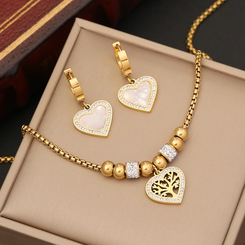 Collana Con Ciondolo A Cuore Albero Della Vita Acciaio Inossidabile Placcato Oro Strass Intarsio In Madreperla Gioielli