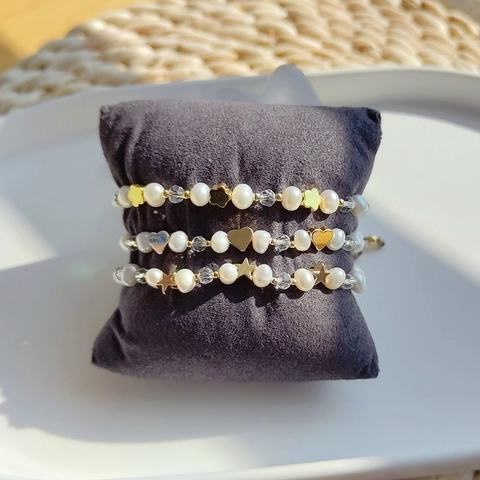 Natural Freshwater Pearl Bracelet 18K Gold Plated Copper Heart Star Clover Charms Handmade Woven Adjustable For Women