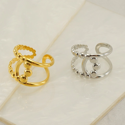 Anillo De Cuentas Caladas Minimalista Acero Inoxidable Chapado En Oro 18K Geométrico Ajustable Joyería De Dedo Mujer