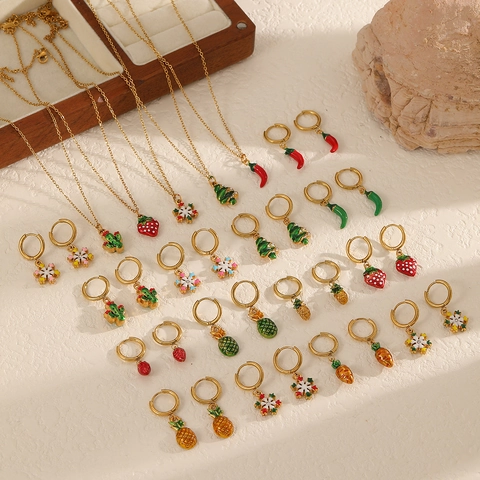 Collier Boucles D'oreilles Acier Inoxydable Bijoux Noël Vacances Femmes Émail Flocon De Neige Fruits Légumes Pendentif Accessoires