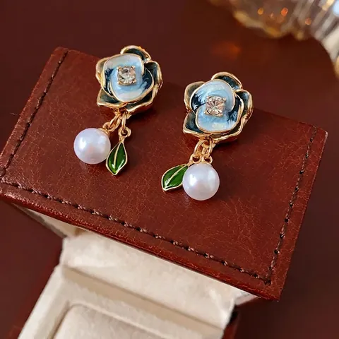 Orecchini Pendenti Fiore Vintage Con Lega Smalto Strass Perla Artificial Di Imitazione E Silver Earring Post Per Donne Eleganti
