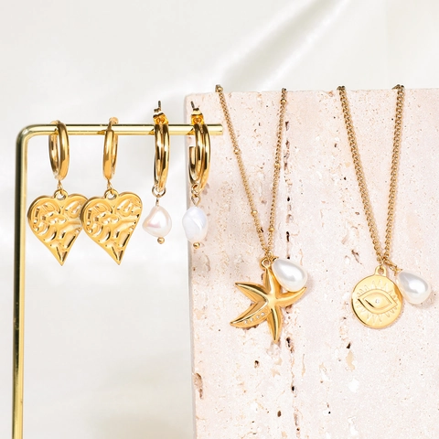 Pendientes de Aro de Corazón de Acero Inoxidable Chapado en Oro de 18K y Pendientes Colgantes de Perlas Irregulares Joyas de Estilo INS para Mujer