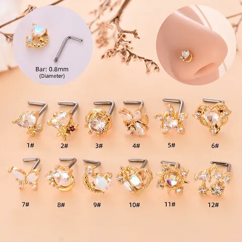 Nasenstecker Edelstahl L-Form Nasenringe Zirkonia Herz Stern Schmetterling Mond Piercing Schmuck Für Damen