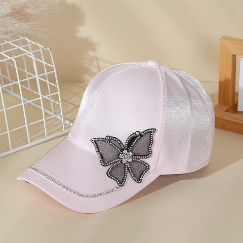 Women Fashion Satin Baseball Cap Breathable Sun Protection Rhinestone Butterfly Decor Elegant Sun Hat