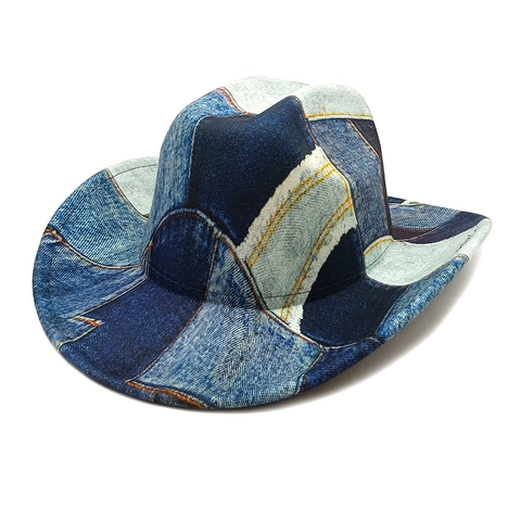Chapeau Fedora En Denim Patchwork Large Bord Mélange Coton Polyester Style Rétro Jazz Western Mixte