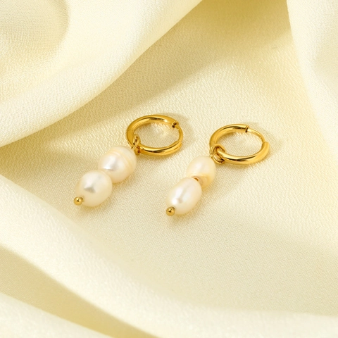 Stainless Steel 14K Gold Plated Double Baroque Freshwater Pearl Pendant Hoop Earrings For Women Elegant Jewelry Gift