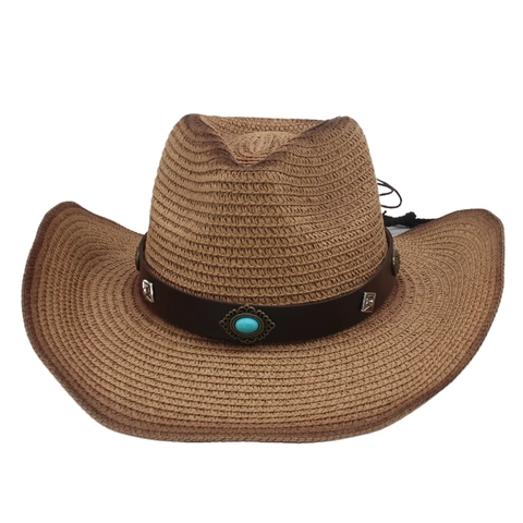 Western Cowboy Strohoed Gevlochten Brede Rand Zonbescherming Strand Retro Turquoise Leren Band Verstelbaar Windkoord