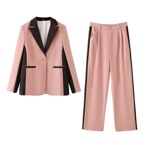 Blazer Et Pantalon Pour Femme Color Block Patchwork Bureau Affaires Décontracté Taille Haute Jambe Large Costume Polyester