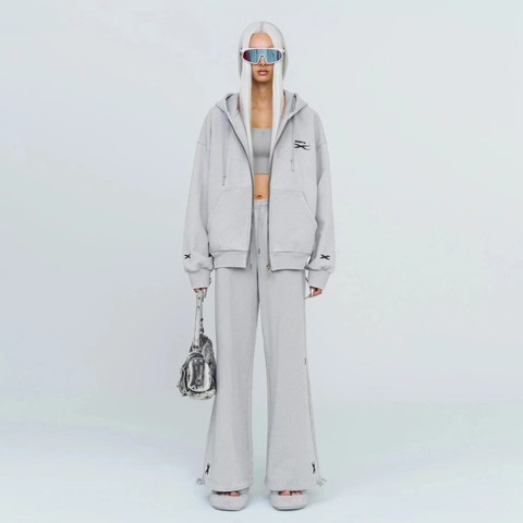 Dames Katoenen Wijde Pijpen Sweatpants Verstelbare Zoom Streetwear Losse Casual Broek Met Kruisborduurwerk