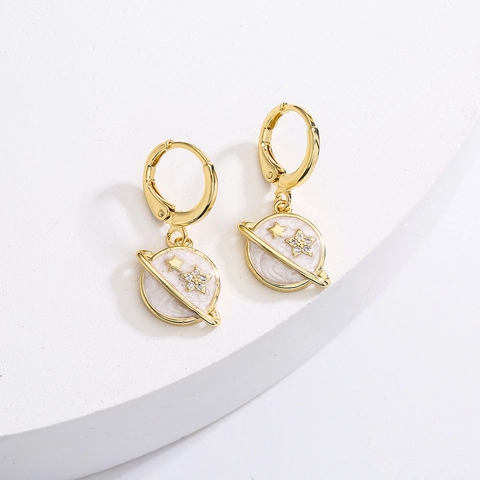 Planet Hoop Ohrringe Kupfer Vergoldet Mit Zirkon Stern Emaille Tropföl Geometrischer Kreativer Schmuck Für Damen