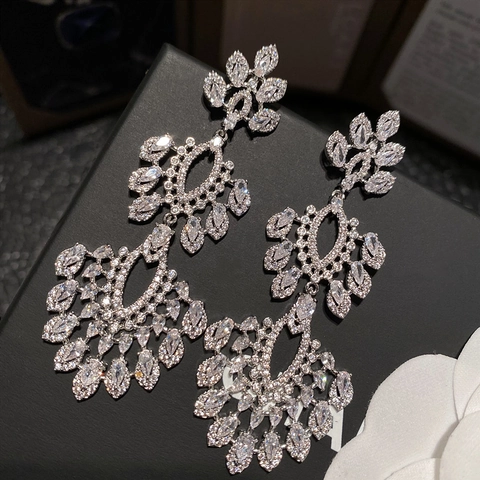 Luxury Hollow Flower Chandelier Dangle Earrings With Zircon And 925 Sterling Silver Earring Post For Wedding Elegant Women