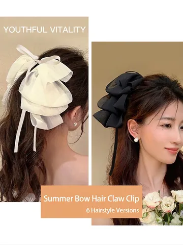 French Elegant Large Chiffon Bow Hair Claw Clip With Long Streamers Layered Pleated Hairpin For Women