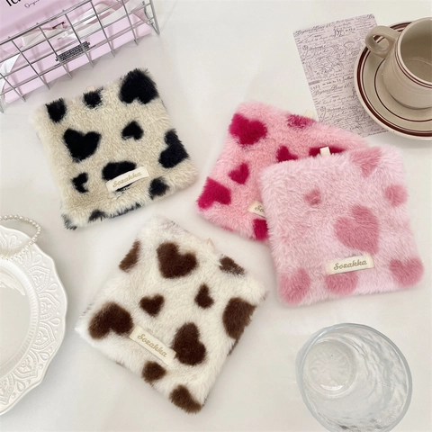 Heart Pattern Square Plush Coaster Heat Resistant Faux Fur Cup Mat Home Office Desktop Decor INS Style Soft