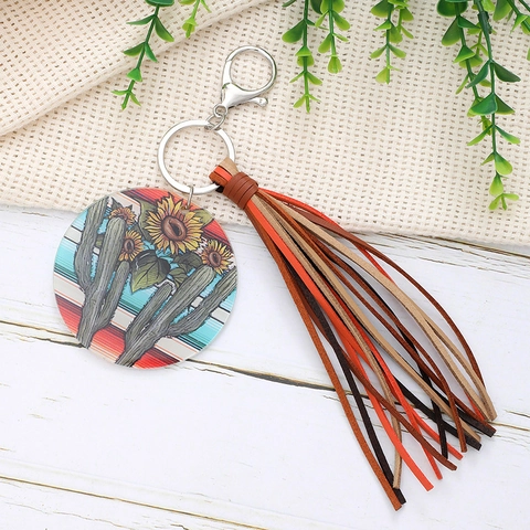Portachiavi Rotondo in Acrilico Stampato Stile Western Con Nappina in Pelle Artificiale Pendente per Borsa Motivo Girasole Cactus Teschio di Mucca