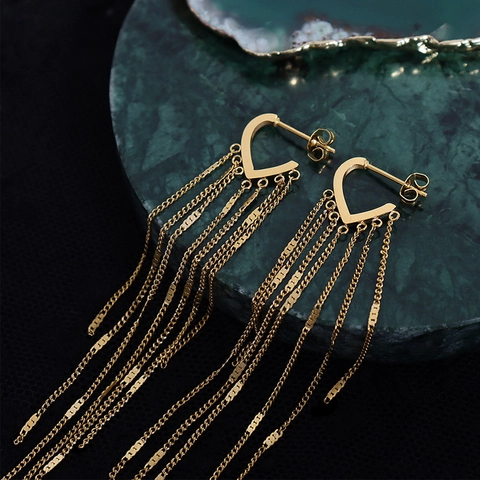 Pendientes Largos De Borla Con Forma De Corazón Para Mujer Acero Inoxidable Chapado En Oro De 18 Quilates Joyas