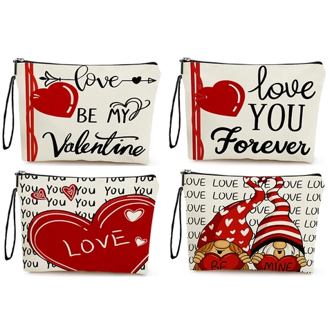 Bolsa De Cosméticos San Valentín Estampado Corazón Lino Neceser Maquillaje Viaje Organizador Almacenamiento Cremallera Pulsera