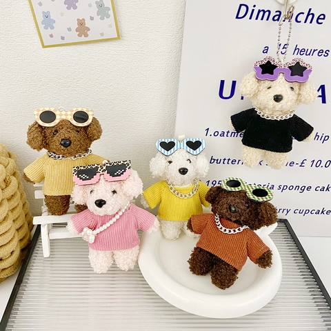 Porte-clés Chien En Peluche Charm De Sac Chiot Teddy Avec Lunettes De Soleil Et Pull En Velours Côtelé Jouet Animal Doux